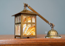 Antique Arts Crafts Brass Glass Lantern Pendant Light Ceiling Lamp Roycroft picture