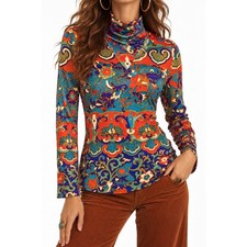 Vintage Top Psychedelic 60s 70s Paisley Floral sz Medium Mock Neck Groovy Glam picture