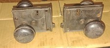 Pair Antique Cast Iron Rim Lock Sets Surface Mount Door Knobs Hardware Salvage picture