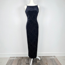 Vintage 90s Bari Jay Backless Velvet Evening Gown Size 3-4 Black Beaded Prom picture
