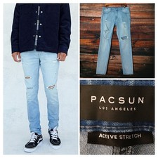 PacSun Jeans Mens 34X32 Skinniest Ripped Distressed Light Blue Denim Stretch  picture