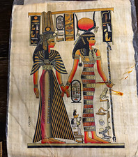 Egyptian Papyrus Painting Queen Nefertari & Goddess Isis Hand Painted Signed picture