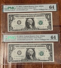 1981 A Federal Reserve Note Atlanta US $1 Mule & Change Over Pair PMG 64 Choice  picture