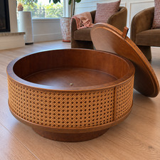 Low Round Faux Rattan Coffee Table with Storage Scandi Modern Drum Accent Table picture