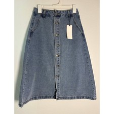 Dazy Blue Denim Midi Skirt Button Front High Waisted A-Line Medium Wash Medium picture