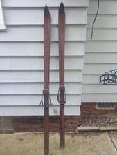 Vintage Antique 7ft Solid Hickory Wooden Skis Leather Bindings Rustic Cabin... picture