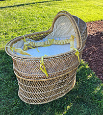 VintWicker Baby Moses Basket Bassinet w/ Hood Canopy & Padded Liner Beige/Yellow picture