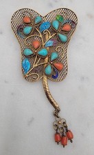 RARE Antique Early Chinese Export Filigree Enamel Turquoise Coral FAN Brooch PIN picture