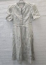 New Boden Ivy Button Linen Mini Dress Olive Ivory Stripe Size 6R picture
