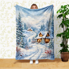 Snowy Christmas Cabin Coral Fleece Blanket Winter Holiday Decor picture