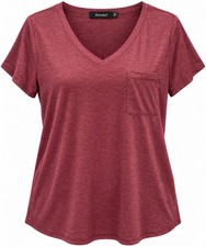 AUTOMET Women’s 2XL Burgundy V-Neck Pocket T-Shirt Soft Stretch Casual Tee picture
