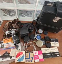 VTG Pentax Asahi ME 35mm Camera Lenses Filters Flash Case Manuals Case Untested picture