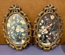 2 Vintage Italian FB Reguitti 8” Ornate Brass Glass Floral Oval Picture Frames picture