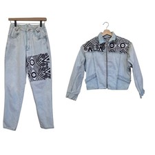 Vintage 2pc Set Pia Rucci Beaded Embroidered Light Wash Denim Jkt Small Pnts 8 picture