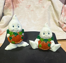 Vintage Ceramic Halloween Pumpkin Belly Ghost Figurines, Hand Painted Pair picture