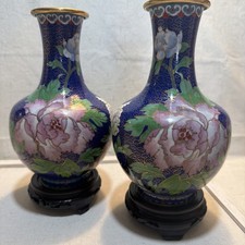 Stunning Set of 2 Cloisonne 1940s Chinese Vase Floral 8