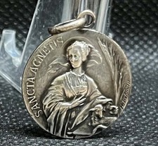 by Tschudin & Dropsy France antique catholic medal Sancta Agnetis & Sacred Heart picture