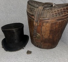 1840S DREW & SONS handmade alligator Top-Hat storage  with antique Top-Hat RARE picture