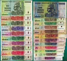 1 - 10 Trillion Dollars Zimbabwe 2008 Set of 22 Banknotes 50 Billion 100 Million picture