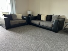 Black Faux Leather & Gray Microfiber Sofa Loveseat Set w/Pillows picture