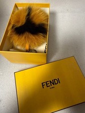 Authentic FENDI Pom Pom Fur Charm Keychain Bag Charm Fur Leather Brown Keyring picture