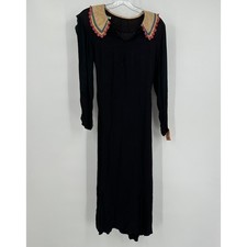 Vintage 1930s Art Deco Black Crepe Midi Dress Embroidered Restoration Piece FLAW picture