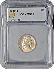 1939 S Reverse of 1938 Jefferson Nickel 5C ICG MS65 Gem Uncirculated picture