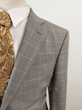 Stafford Men’s Beige Windowpane Wool Super Suit Classic Size 46 S Pants 40 X 32 picture