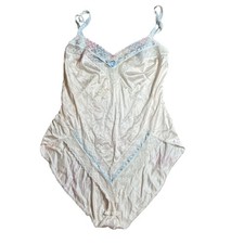 Vintage Cream Satin Lace Teddy Bodysuit Pastel Blue Pink Trim Snap Crotch Medium picture