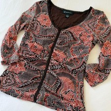 INC International Concepts Brown Paisley Lace Trim Long Sleeve Top Petite Medium picture