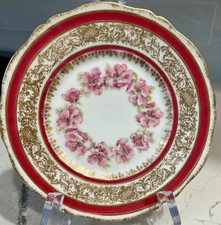 Antique Limoges Theodore Haviland Plate Pink Flowers Red Trim & Gold Gilt EUC picture