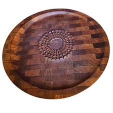 Vintage Digsmed Denmark Teak Serving Tray 1964 Carved Sunburst MCM Butcher Block picture