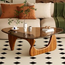 Mid Century Modern Coffee Table with Glass Top Brown Walnut Finish P picture
