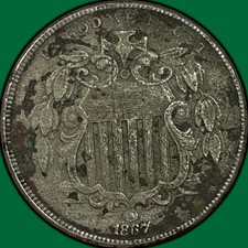 1867 No Rays Shield Nickel Almost Uncirculated AU Coin, Heavy Corrosion #49766 picture