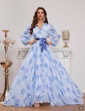 Women’s S Blue/White Floral Wrap Maxi Dress Belted V-Neck Bishop Sleeve picture