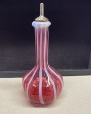 Fenton LG Wright Glass Barber Bottle Cranberry white thin strips unmarked.  picture