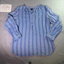Talbots Womens Blue White Floral Striped Button Neck Tunic Top L Long Sleeve picture