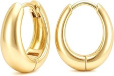 14K 13MM Gold Mini Chunky Huggie Hoop Earrings Secure Snap-On Oval Daily Jewelry picture
