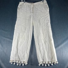 Ettitwa By Anthropologie Women's Pants Size S White Linen Pom Pom Hem Wide Leg picture
