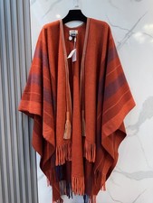 HERMES Striped Cashmere Blend Poncho Cape Orange Brown Leather Trim Fringe Shawl picture