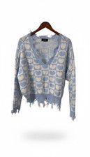 Motel Rocks / Just Polly Women’s Blue Heart Distressed Knit Sweater V‑Neck picture