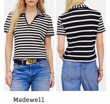 Madewell Women’s Striped Knit Polo Short Sleeve Collared Blk/Wht Size Medium picture