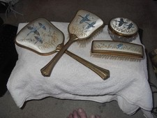 VINTAGE 1940'S VANITY DRESSER SET 2 BRUSHES MIRROR AND JAR BLUE GEESE STITCHING picture