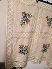 Vintage Linen Tablecloth Embroidered Floral Lace Edge Square 37 x 37 in picture