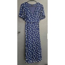 Tacera Navy Blue Polka Dot Faux Wrap Midi Dress Short Flutter Sleeve Petite L. picture