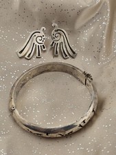Aztec Style Mexican 925 Sterling Silver Animal Hinged Bracelet & Earrings Set picture