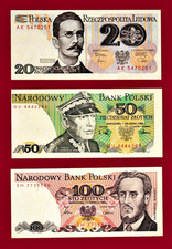 POLAND LOT 20, 50, & 100 ZLOTYCH 1982-1988 UNC BANKNOTES (Pick-142, 143, & 149) picture