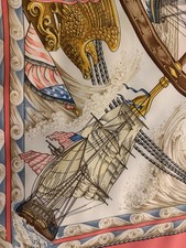 HERMES NAUTICAL SILK SCARF DISPLAYING AMERICAN FLAGS AND GOLDEN EAGLES 35” SQ picture