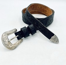 USA Vtg 1991 Western Floral Tooled Black Belt Leegin Eagle Leather Works- Sz 32 picture