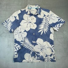 Tommy Bahama Mens Medium Blue White Hibiscus Floral Cotton Silk Button Up Shirt picture